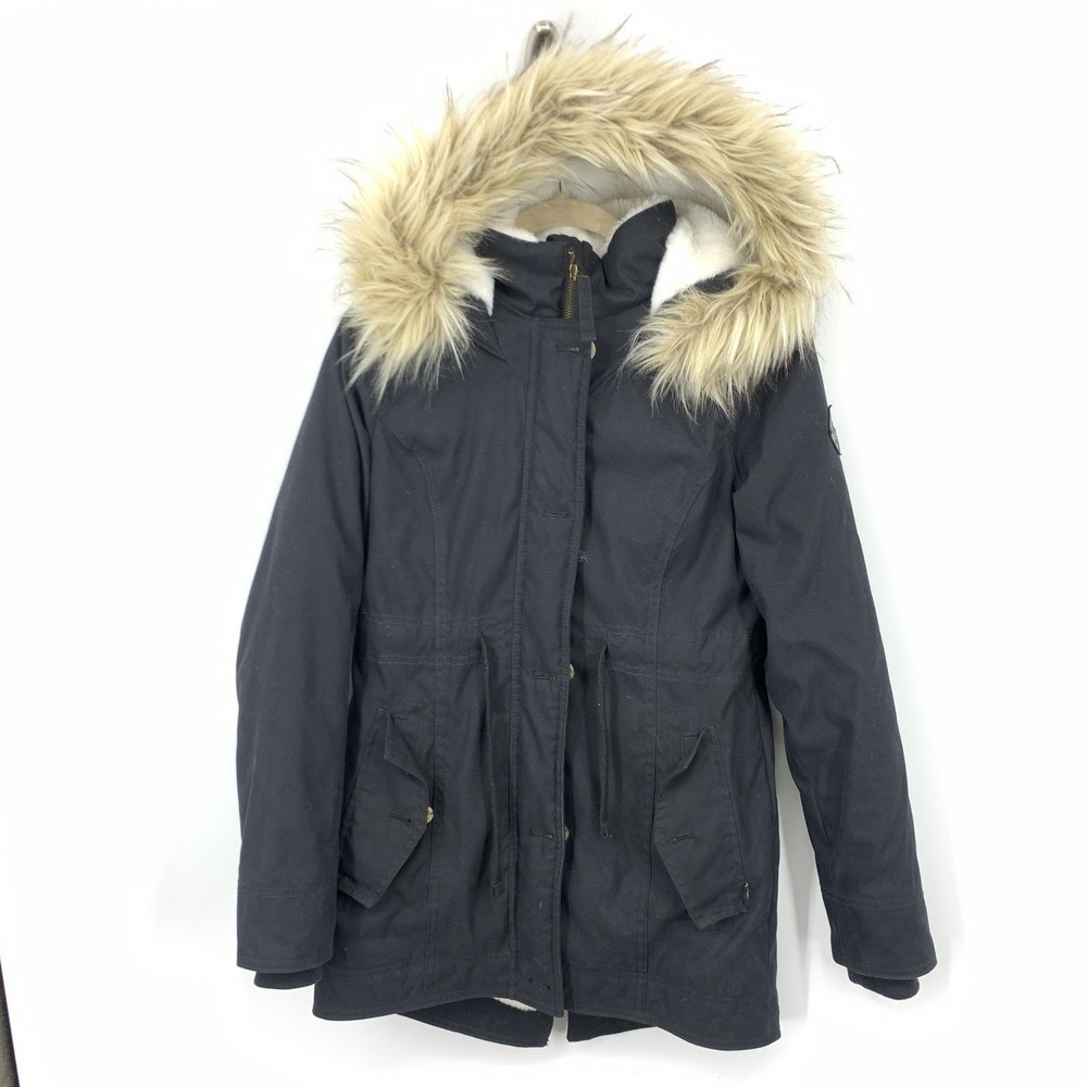 Hollister Women Size XS Jacket Fur Hood Sherpa Lined Heritage Y2K Coat Black